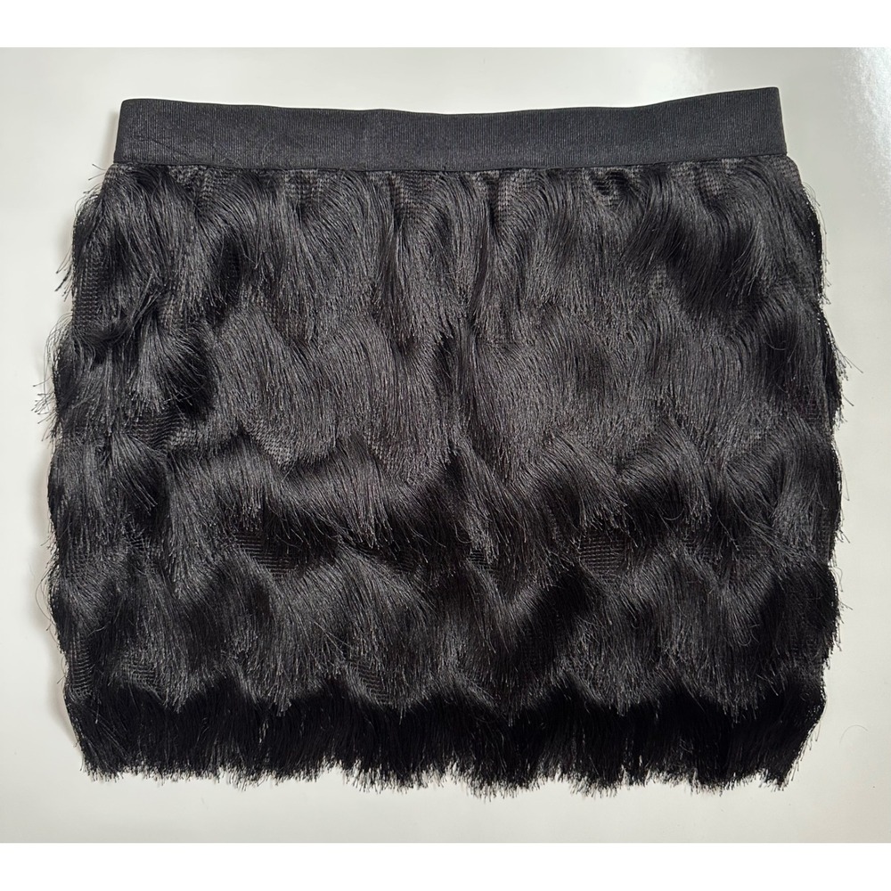 Leith Tiered Fringe Mini Skirt Black Size Large Elastic Waist Party Night Out